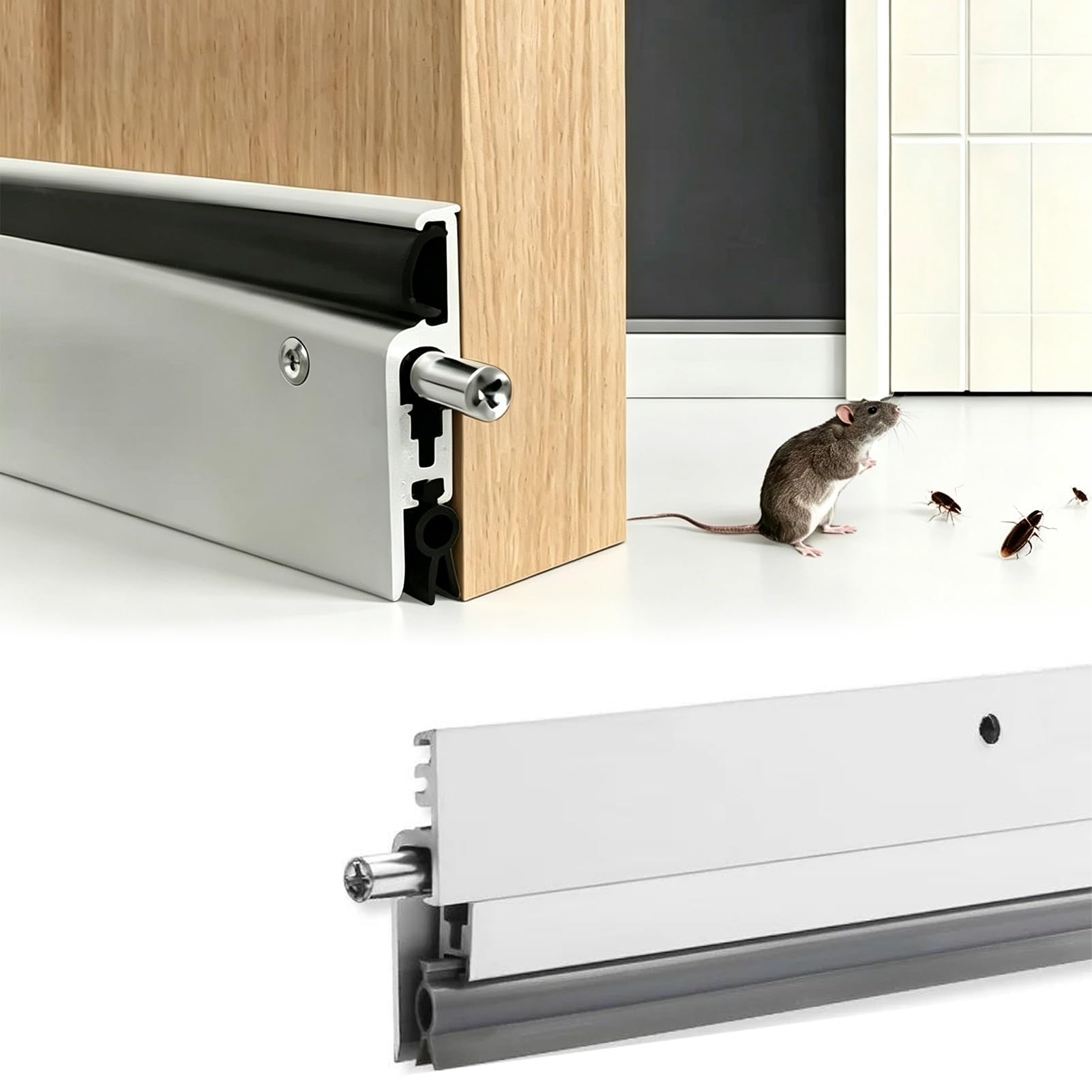 Automatic Door Sweeps 24 28 30 32 36 38 48 55 inch, Surface Mount Door Bottom Seal Strip, Side Doors Drop Down Aluminum Track, Noise Blocker(59in/150cm)