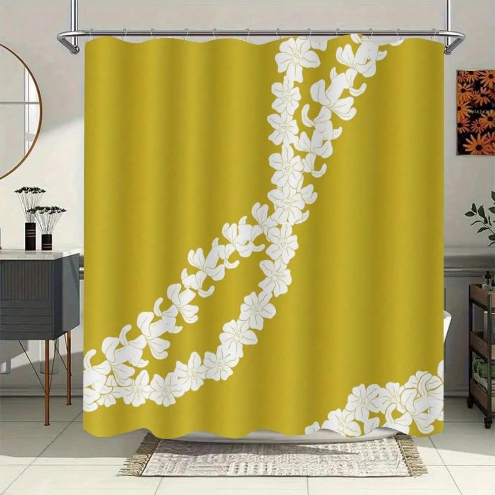 GLKSDLPO Tropical Floral Shower Curtain Mustard Green And White Hawaiian Wreath Pattern Bathtubs, Home And Bathroom Decoration(85x180cm/33x71in(WxH)