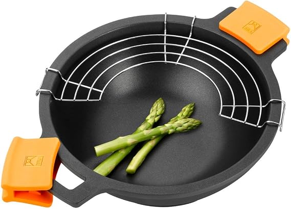 BRA Efficient Concave Wok/Cooking Pot 24 cm with Glass Lid and Silicone Handles