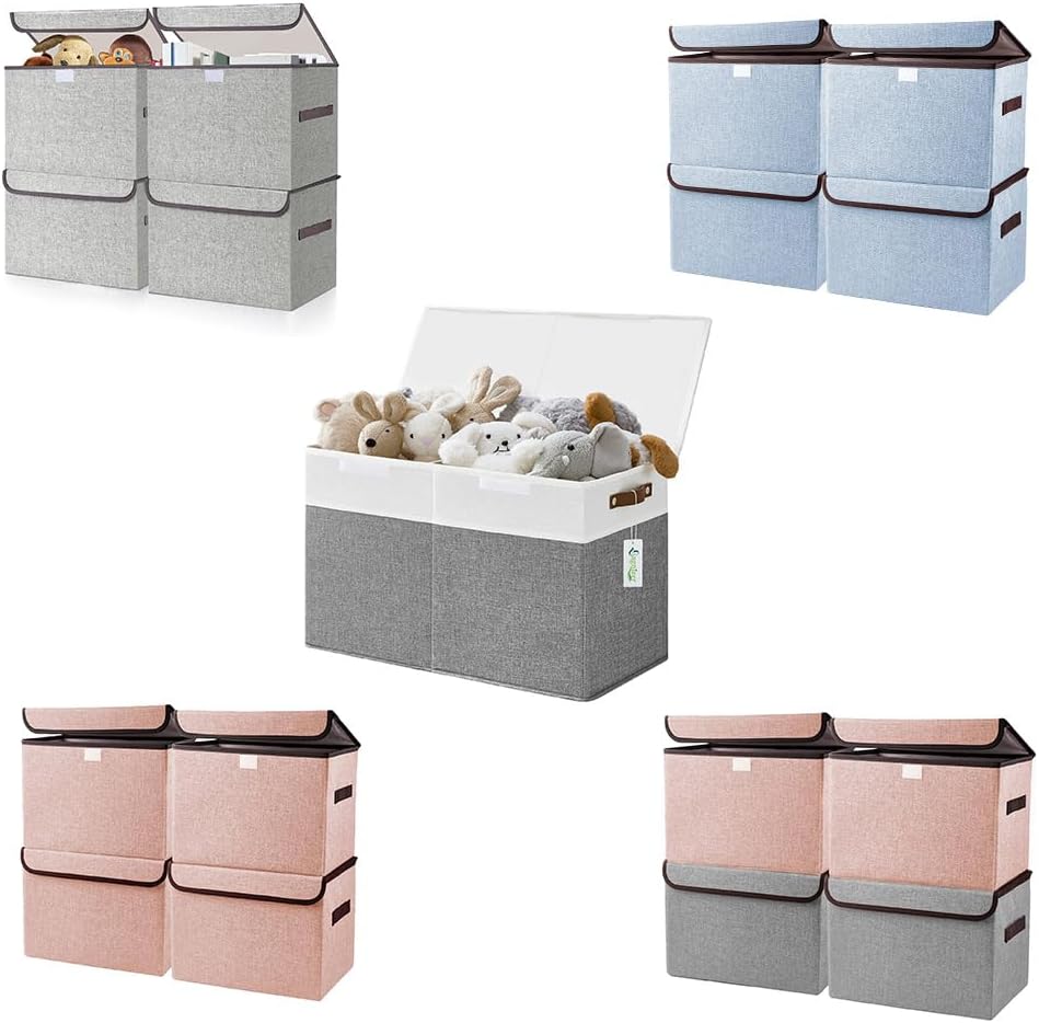 Large Toy Storage Box with Lids+Gray/Light Gray/Pink/Blue Large 22 Quart Linen Fabric Foldable Storage Bins