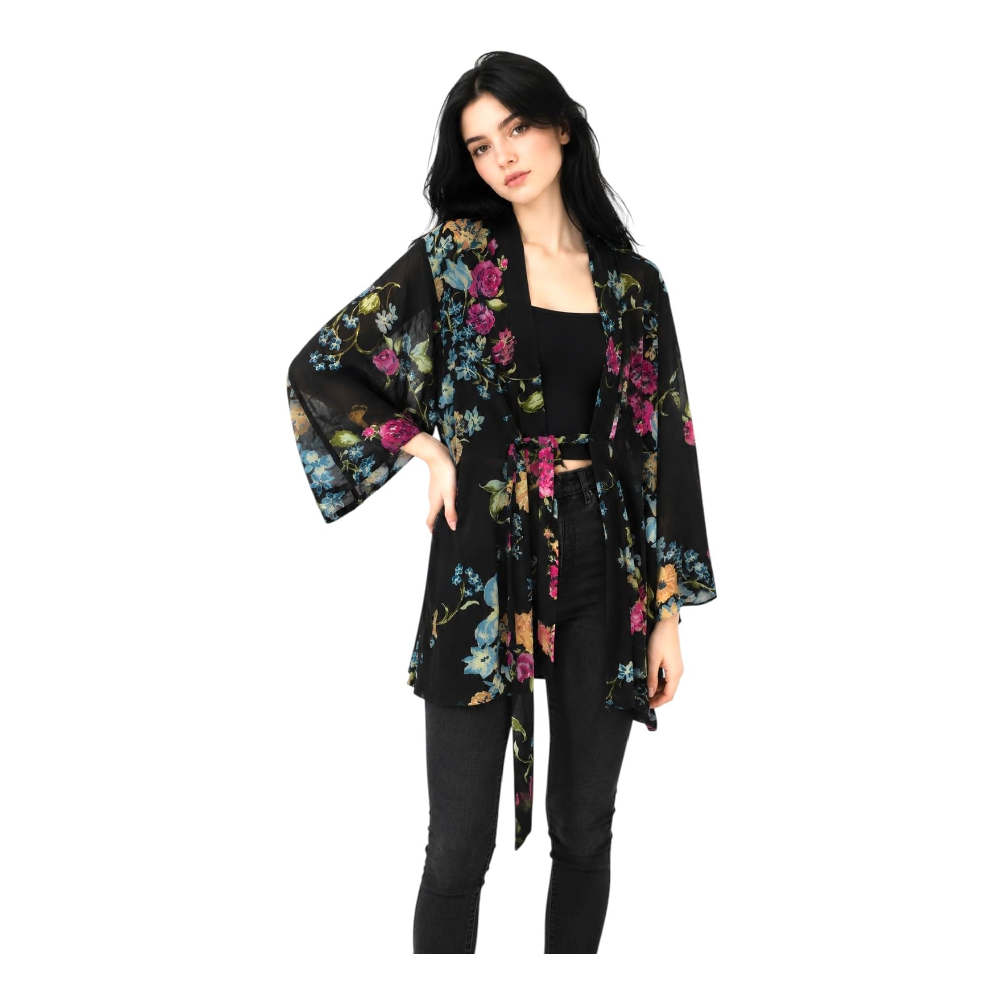 Women's Floral Print Kimono Cardigan, Black, Belted, Open Front with Wide Sleeves size (M) 36-picture-38