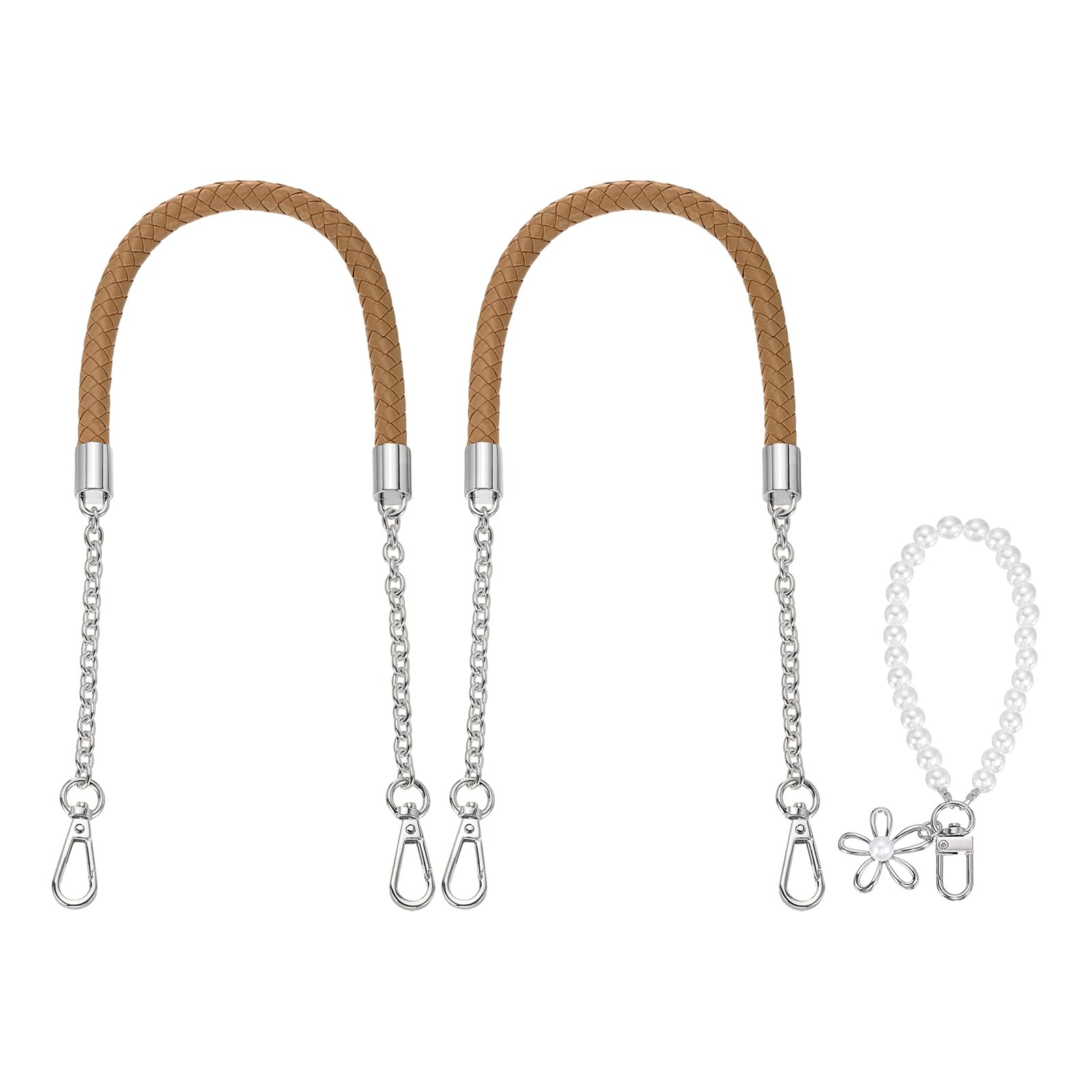sourcing map 2 Pcs PU Leather Chain Purse Strap, 23.6 Inch Braided Purse Handles Replacement Strap with Pearl Pendant for Tote Bag Handbag Underarm Bag (Dark Khaki, Silver Chain)