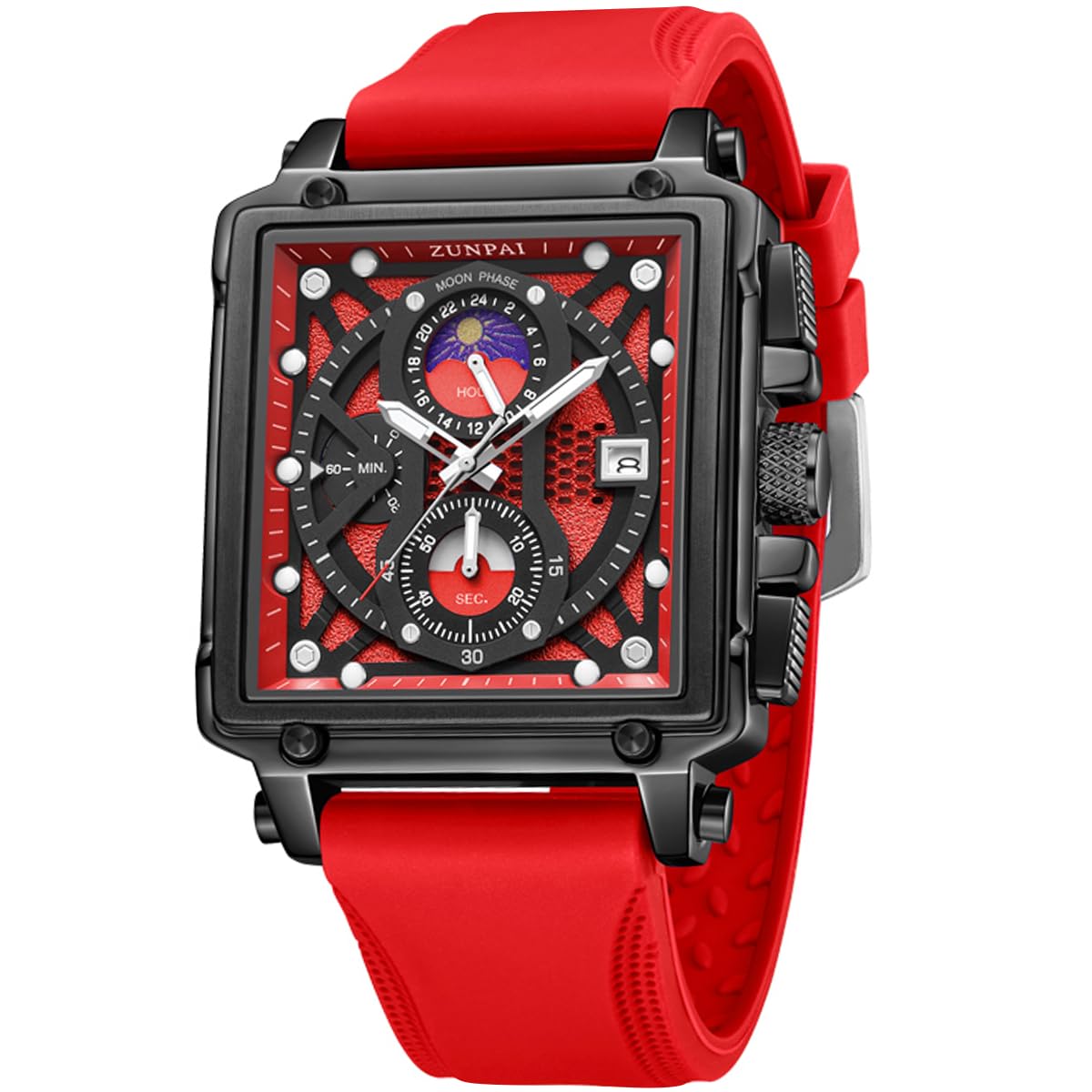ZUNPAI Moon Phase Watch for Men Multifunction Chronograph Dial Analog Quartz Square Wristwatch Business Dress Watch with Luminous Waterproof Calendar Silicone Strap