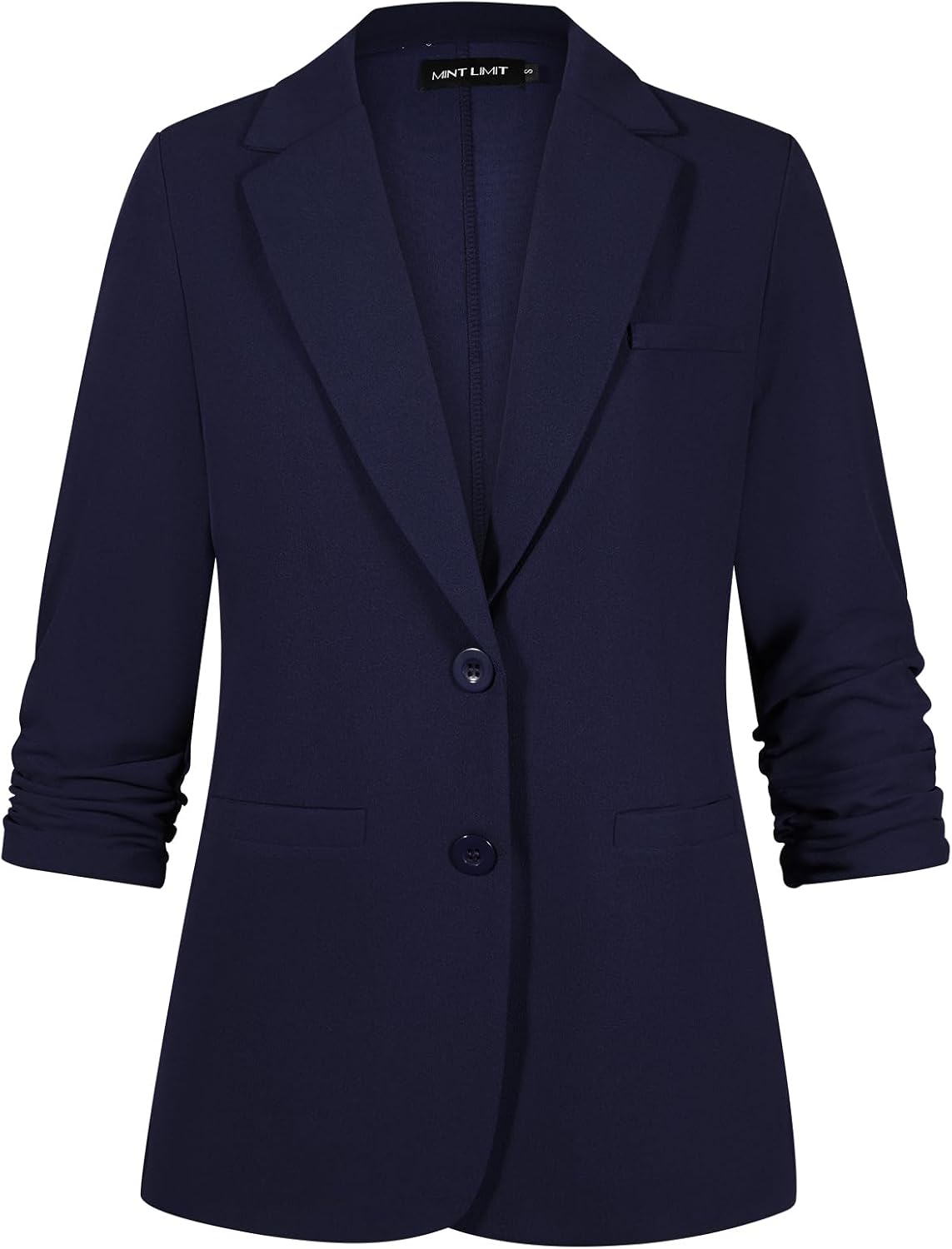 MINTLIMIT Ruched 3/4 Sleeve Blazer Jackets for Women Shoulder Pad Button Front Notch Lapel Casual Blazers with Pockets