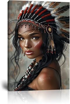 Native American Wall Art Indian Girl Woman Headdress Feathered Canvas Wall Decor for Living Room Bedroom Home Decorations Framed Ready to Hang 12H x 16W