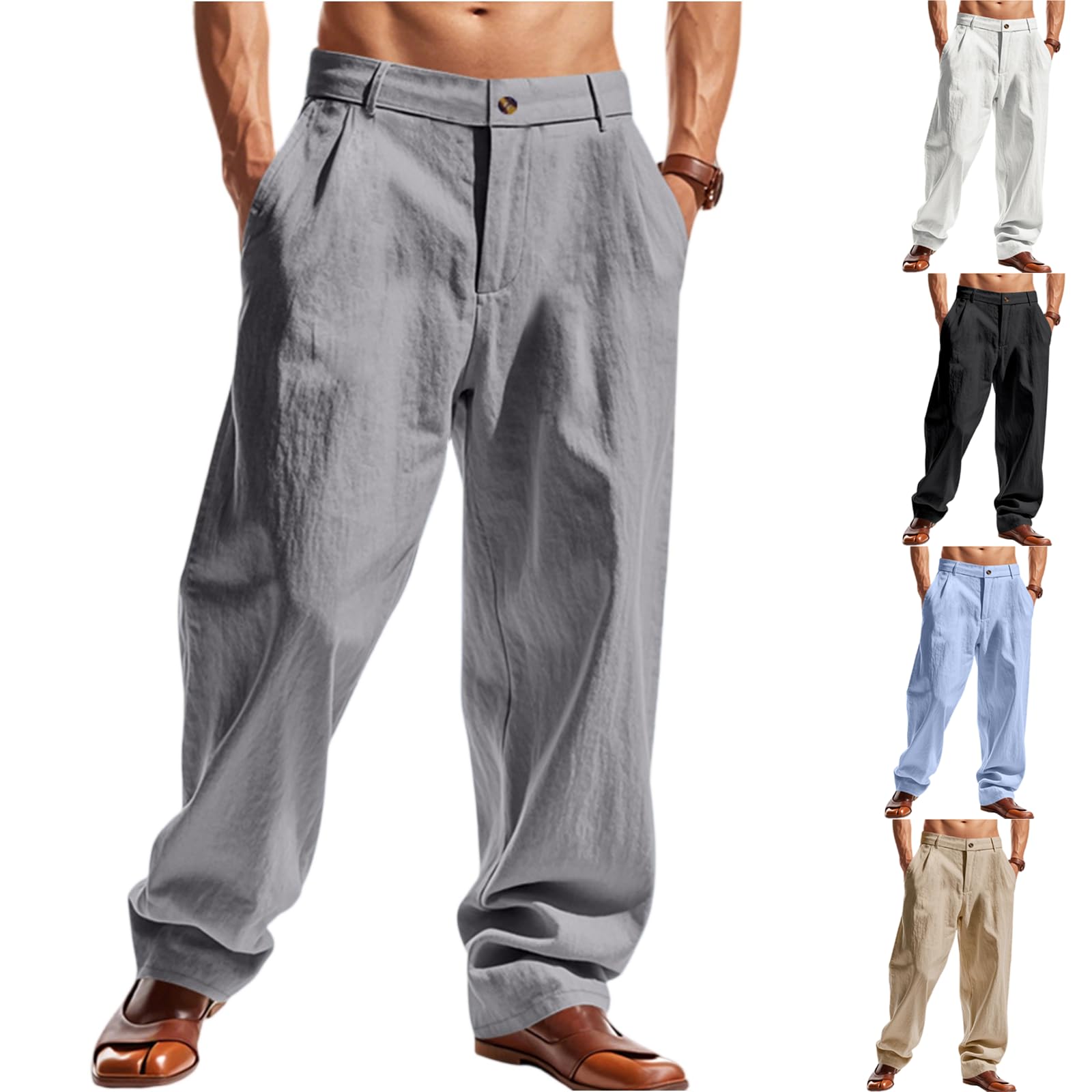 Linen Pants Men Loose Fit Casual Straight Leg Dress Slack Lightweight Comfy Summer Vacation Beach Pants with Pockets