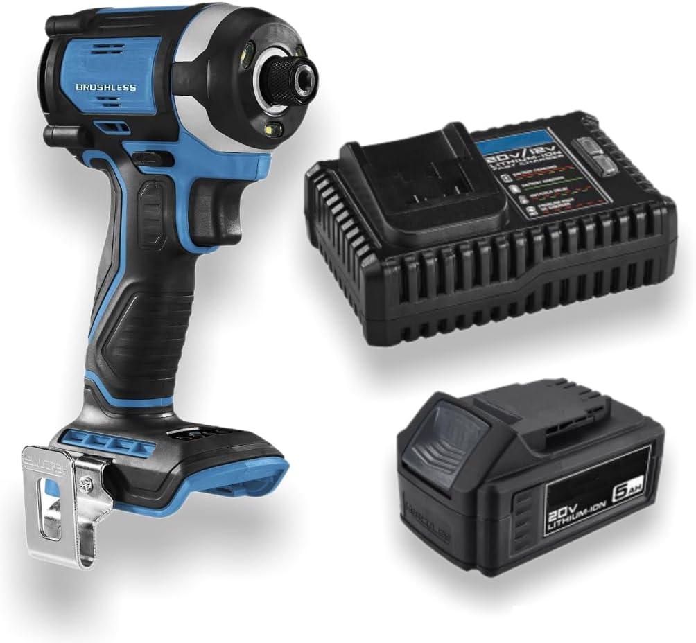 Fits HERCULES 20V Brushless Cordless, 1/4 in. Compact 3-Speed Impact Driver Kit with 5 Ah Battery and Charger (HCB81K1) - Extreme Battery Power and Extra Long Tool Run Time