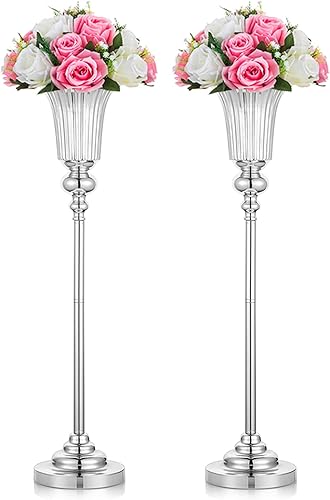 NUPTIO Jarrón de flores para mesa de boda 2 piezas de 26.7 "de alto soporte plateado jarrones de trompeta de metal para decoración de mesa de fiesta