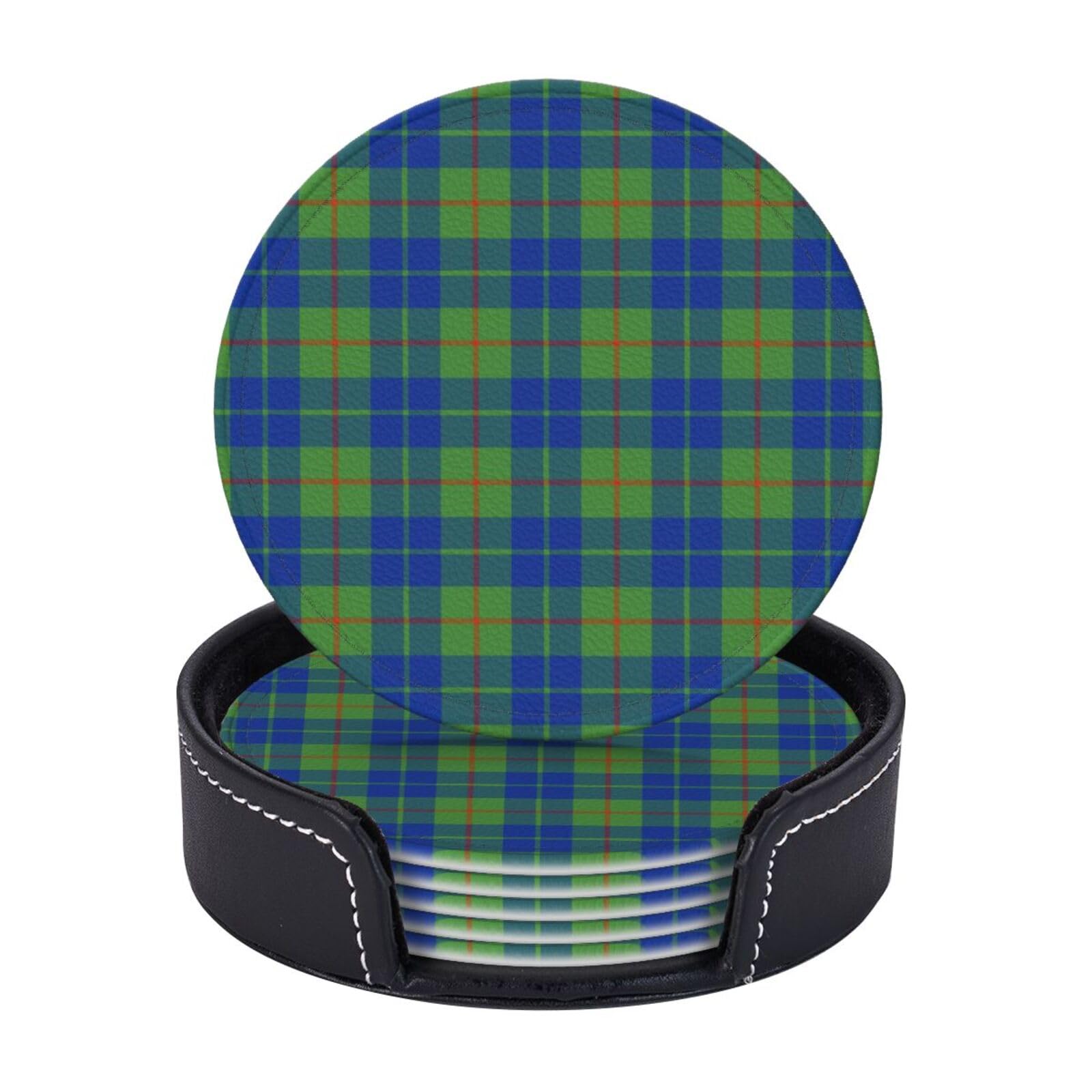 Smazdfxx As Pic 6 Pcs Pu Leather Coasters With Holder, Barclay Hunting Ancient Tartan Drink Coaster Set Absorbent Heat Bar Table Decor