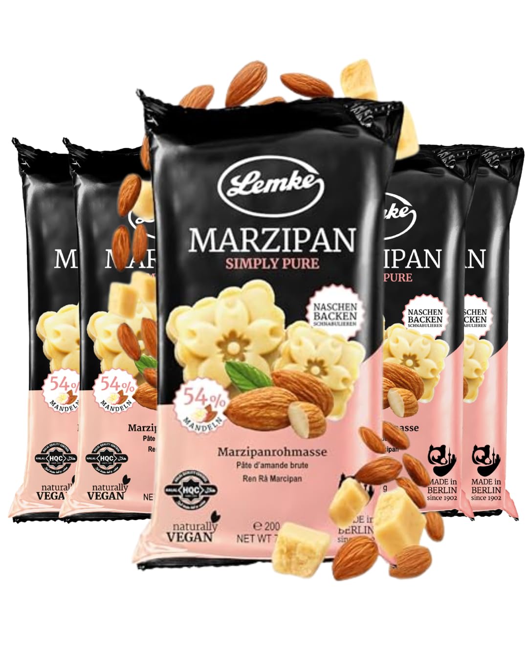 Lemke Marzipanrohmasse Simply Pure 5x200 g- Feines Berliner Rohmarzipan ohne Alkohol - 54% Mandelanteil - Marzipan Rohmasse zum Backen, für Pralinen & Desserts - Natürlich & purer Genuss