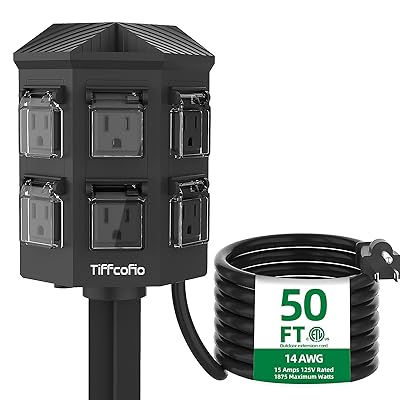 TiFFCOFiO Outdoor Power Strip Weatherproof, 50 FT Extension Cord with Power Stake, 6 Grounded Outlets for Outdoor Lights, 15A/1875W, ETL Listed