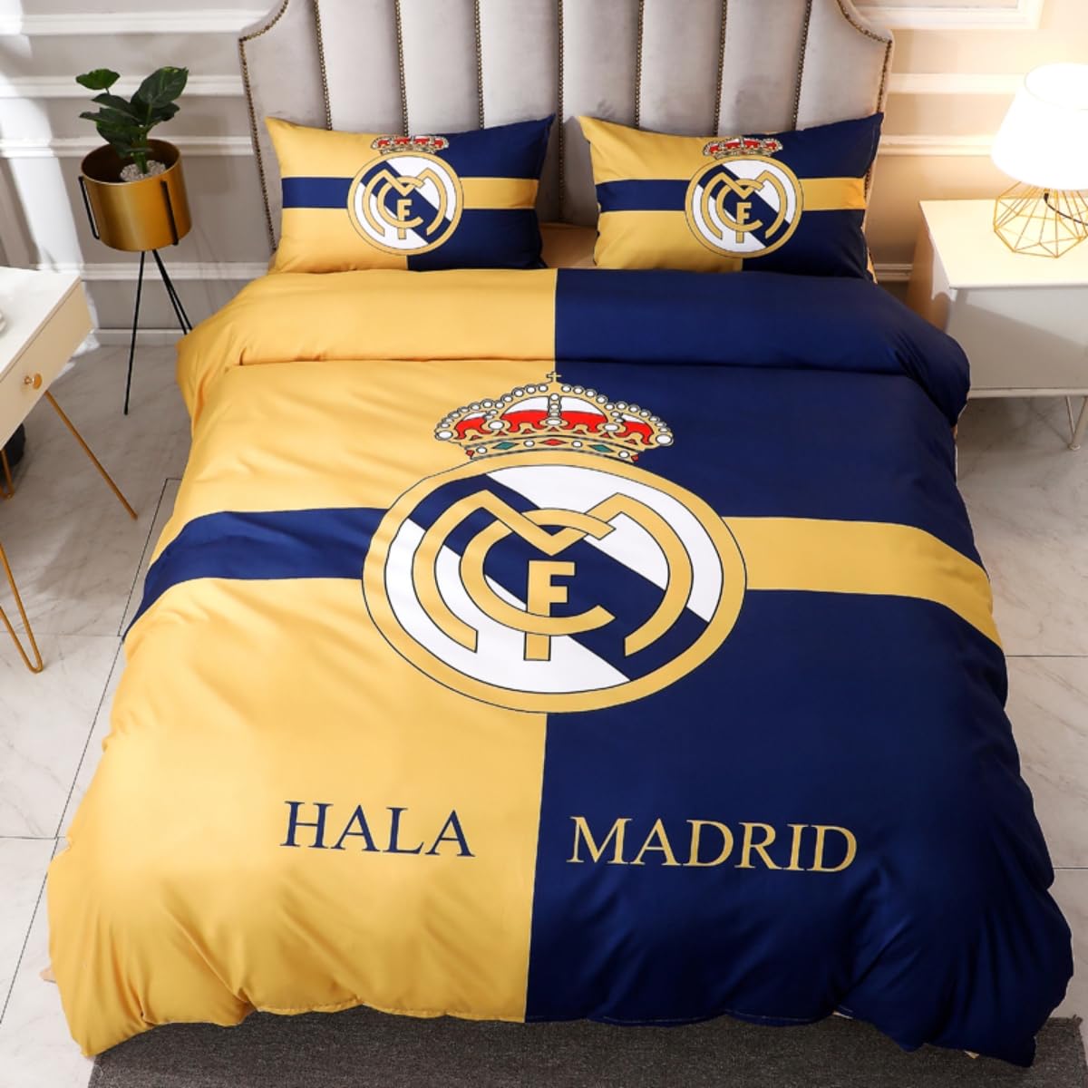 ENIXWH Juego de ropa de cama de microfibra con diseño de estrella del fútbol 3D, diseño de Madrid, juego de 1 con cremalleras y 2 fundas de almohada (A, 140 x 200 cm)