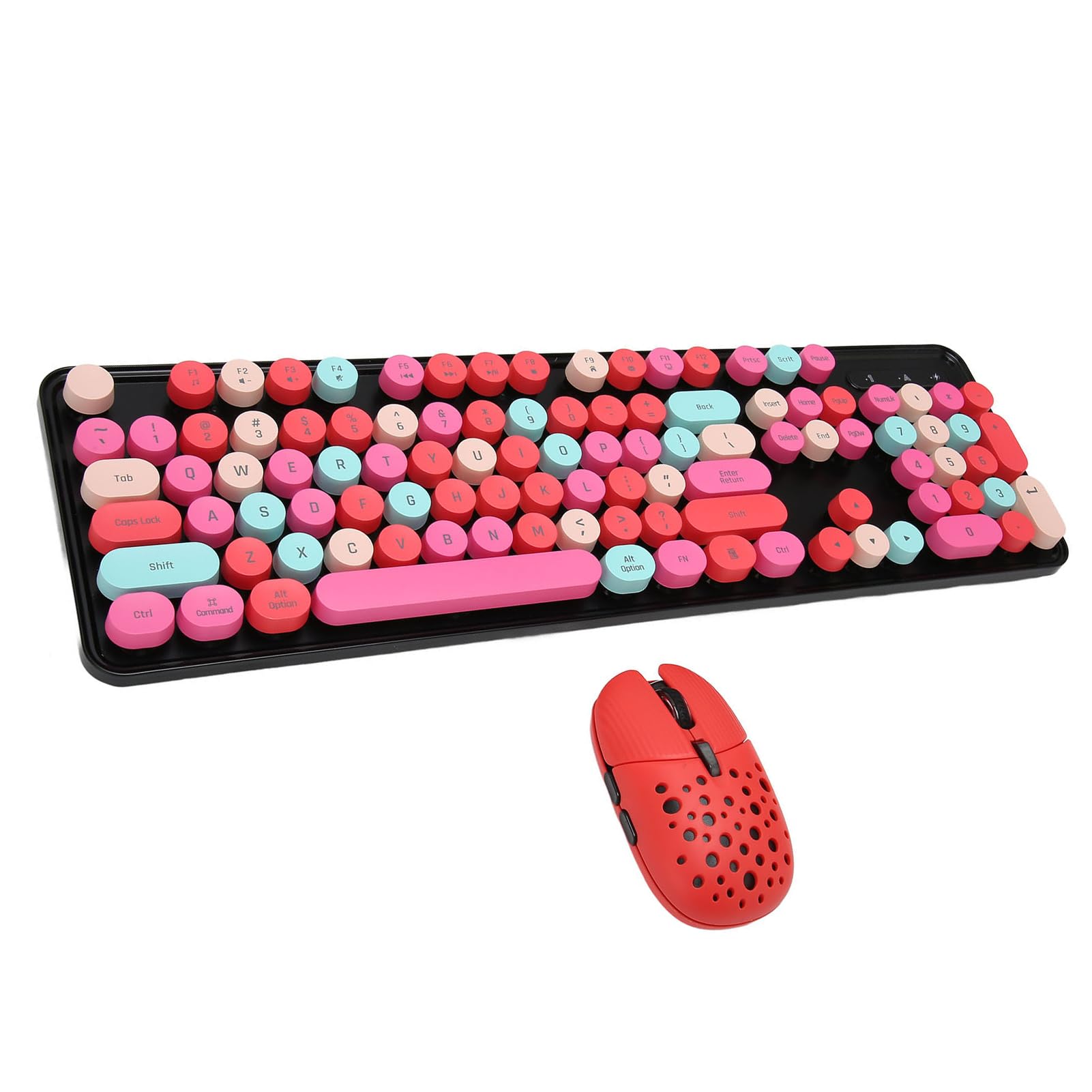 Acogedor 2.4G Keyboard and Mouse Combo, Colorful Cute Round Keycaps Typewriter Keyboard with USB Receiver, for PC Laptop Desktop (Mixed Color Red)