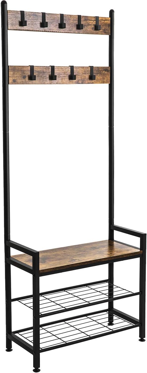 Ballucci Entryway Coat Rack with Shoe Bench, 3-in-1 Hall Tree and Shoe Rack Storage Shelf Organizer, Black Steel Frame with 9 Adjustable Metal Hooks, Rustic Brown