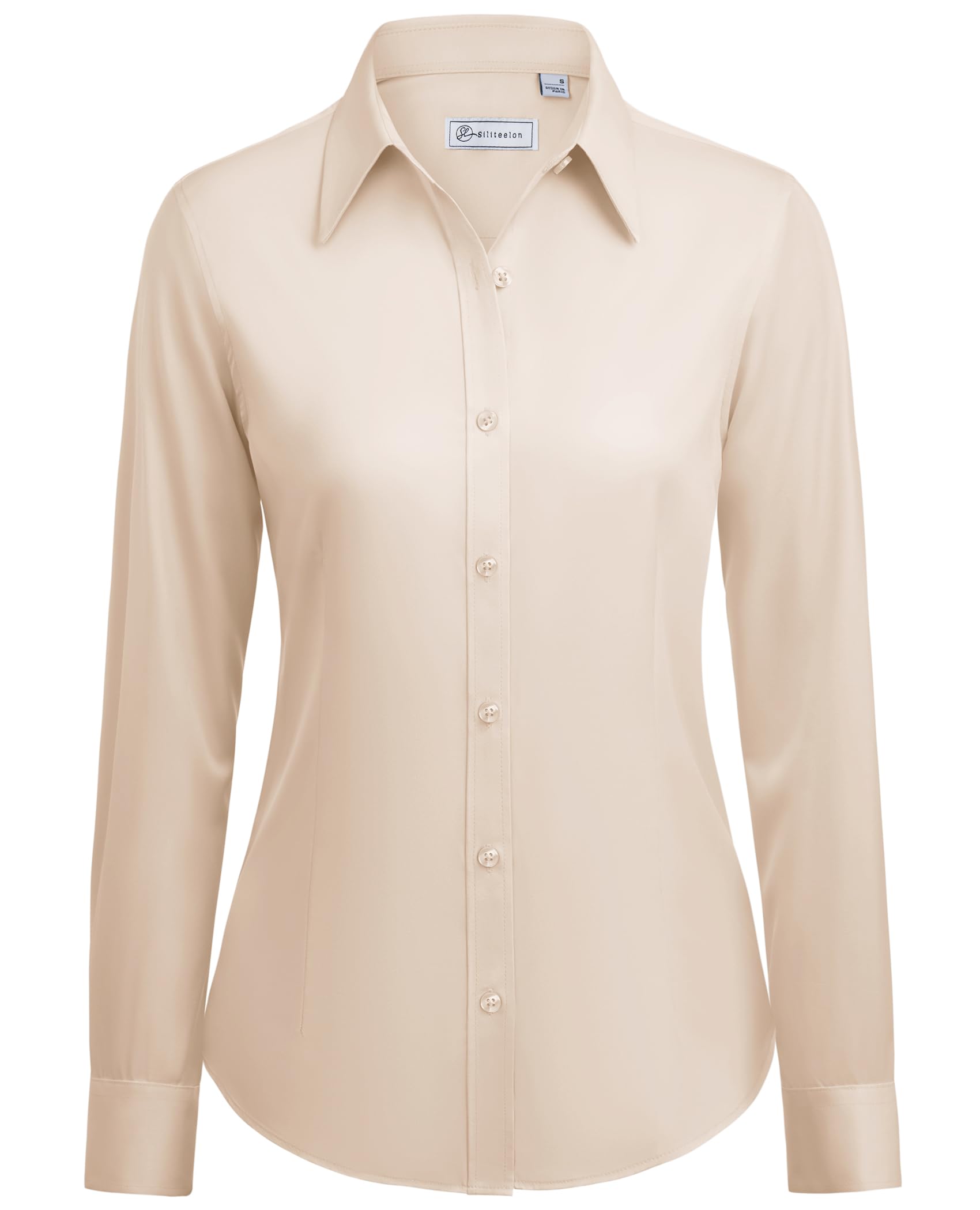 Beige Cream Button Down Shirt Women Long Sleeve Work Collared Shirt