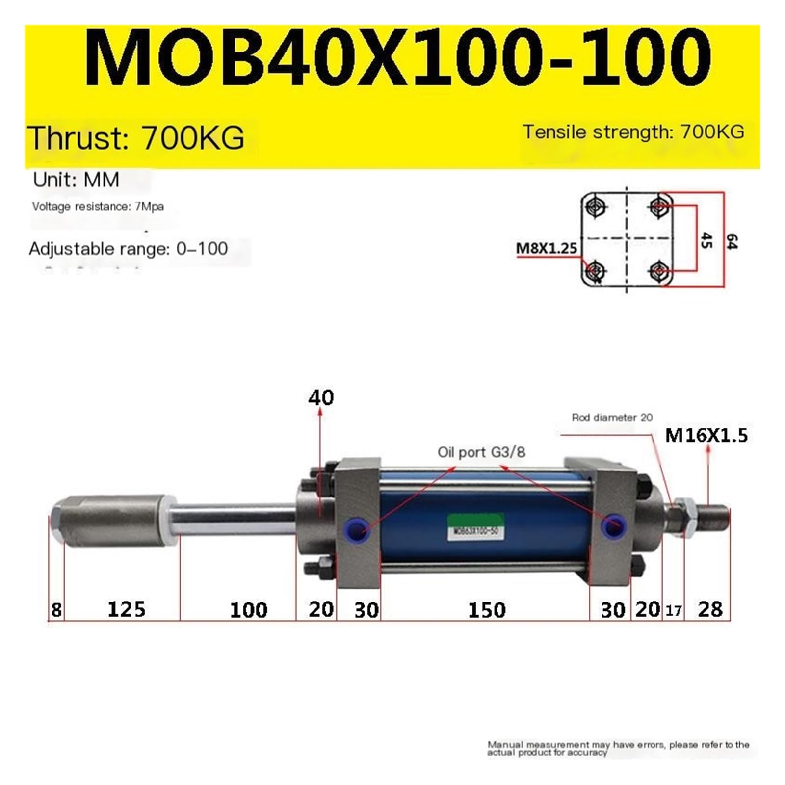 Cilindro hidráulico de elevación bidireccional compacto, ligero y ajustable con eje de doble salida MOB40(MOB40X100-100)