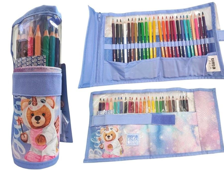 PRESTIGE & DELUXE Trousse à rouleau Pool Over Couleur Unité Ours Licorne avec 25 crayons de couleur pour l'école – Fermeture déchirure + porte-clés