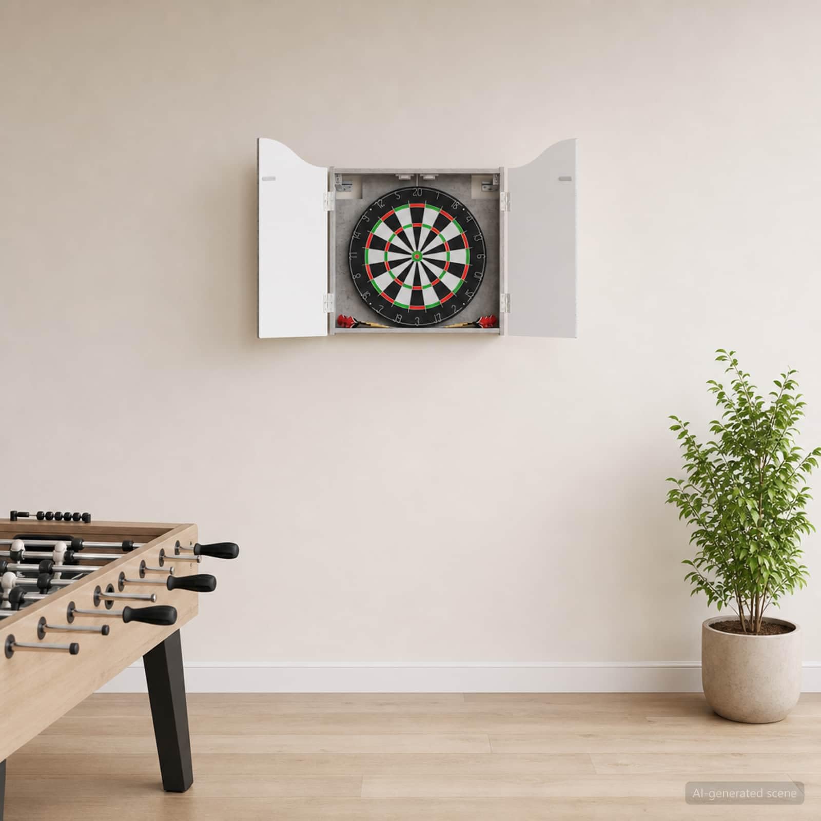 Dartboard Schrank aus Holzwerkstoff in Betongrau 56 x 12 x 63 cm - Dart-Wandschrank mit Türen und Ablagefächern