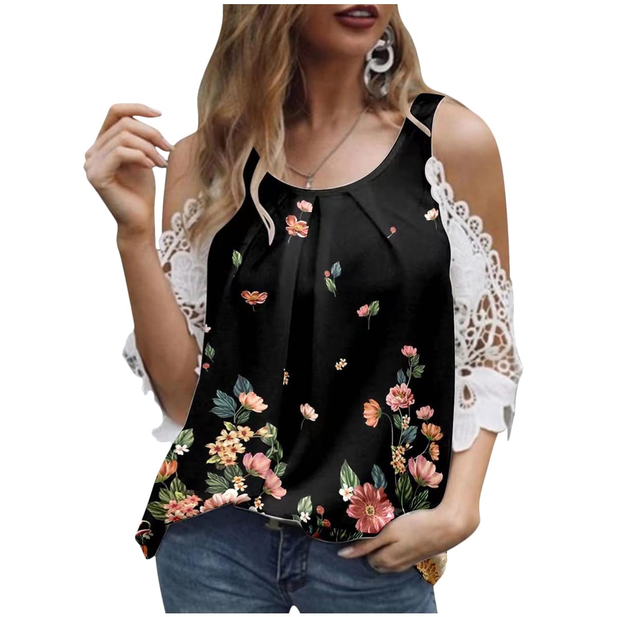 Bartira Summer Women Tops Loose Lace Casual Blouse Round Neck Fashion Fancy Short Sleeve Temperament Printed T-Shirt