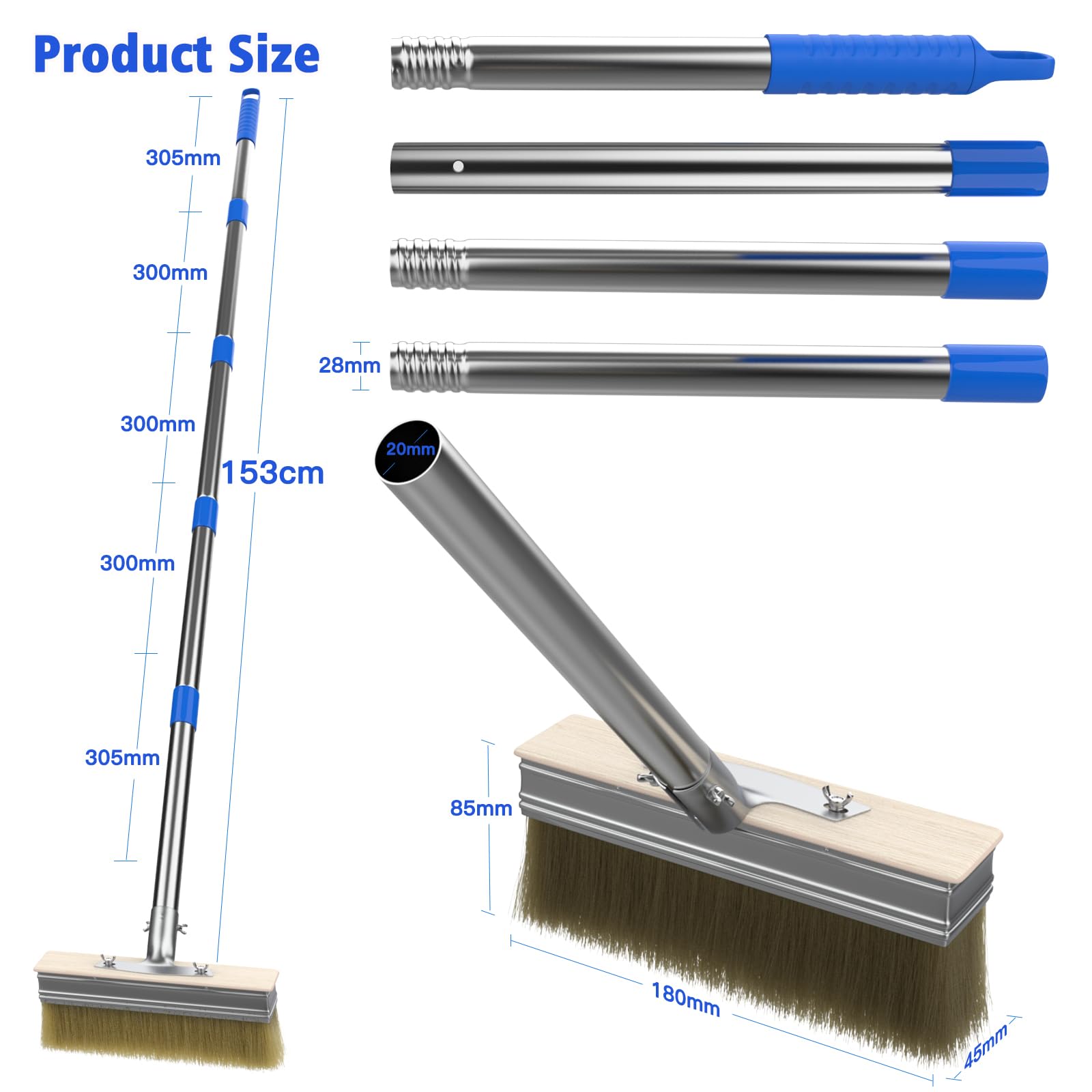 Pinceau de peinture pour terrasse avec manche long de 139,7 cm et 2 têtes de pinceau de 18,1 cm, grand applicateur de teinture pour terrasse pour murs, planchers en bois, teintures pour bois