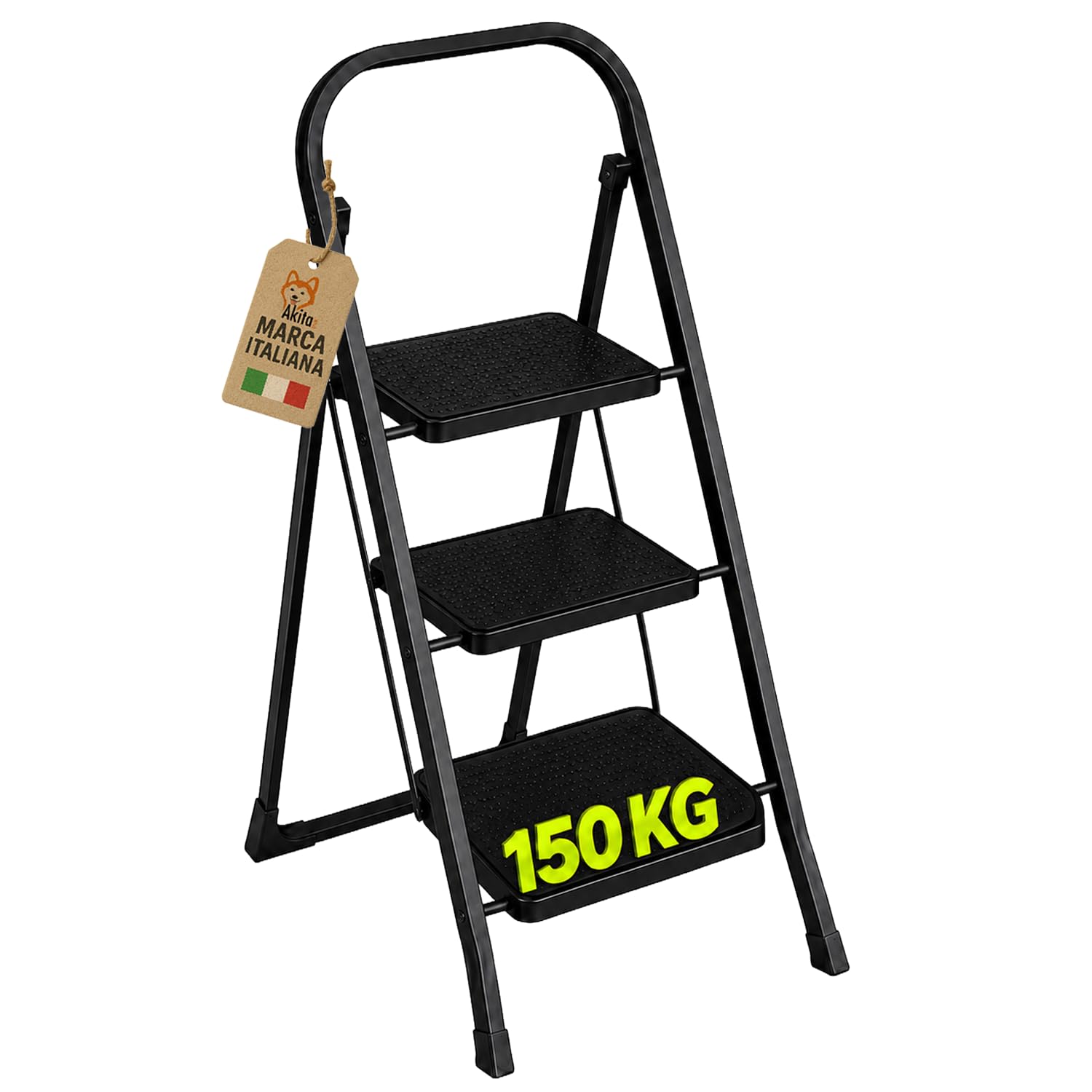 AkitaInk Scaletta Pieghevole in Acciaio Nero Antiscivolo, Scala Multiuso a 3 Gradini, Salvaspazio, Portata 150 kg, Certificata EN14183
