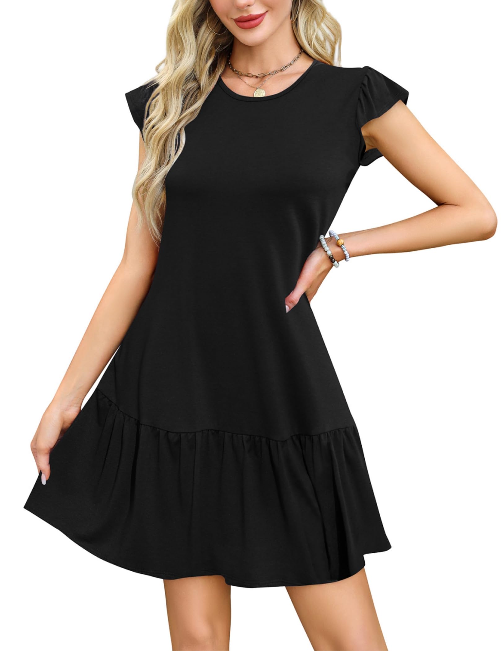 Zeagoo Sommerkleid Damen Rundhals Kleider Lässiges Strandkleid Rüschen Ärmel Tshirtkleid Leicht Minikleid S-XXL