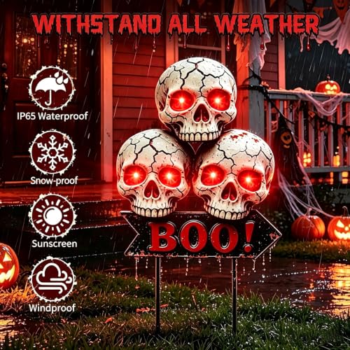 Image of VOOKRY Solar Halloween Skull Lights Outdoor, 3 Skulls with Red Glowing Eyes