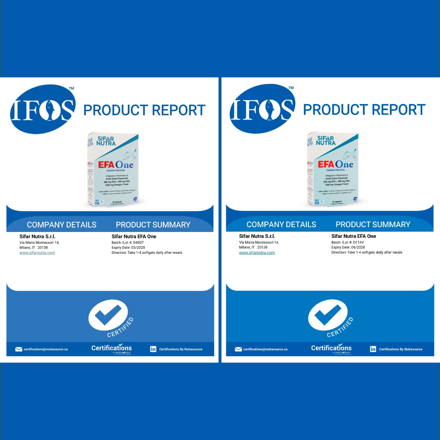 Sifar Nutra EFA One | IFOS certificato 5 stelle | Olio di pesce Omega 3 1020 mg | 580 mg EPA +390 mg DHA | funzione cardiaca | integratore memoria | forma trigliceride | 90 cps (3 Confezioni)