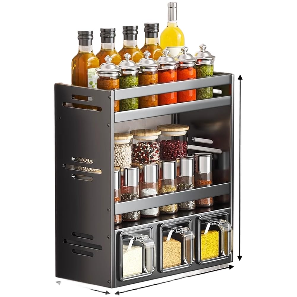 Lecreatekit Gewürzregal aus Aluminium, zur Wandmontage, kein Bohren, Küchen-Organizer mit verstellbaren Fächern, rostfreies Aufbewahrungsregal, Gunmetal