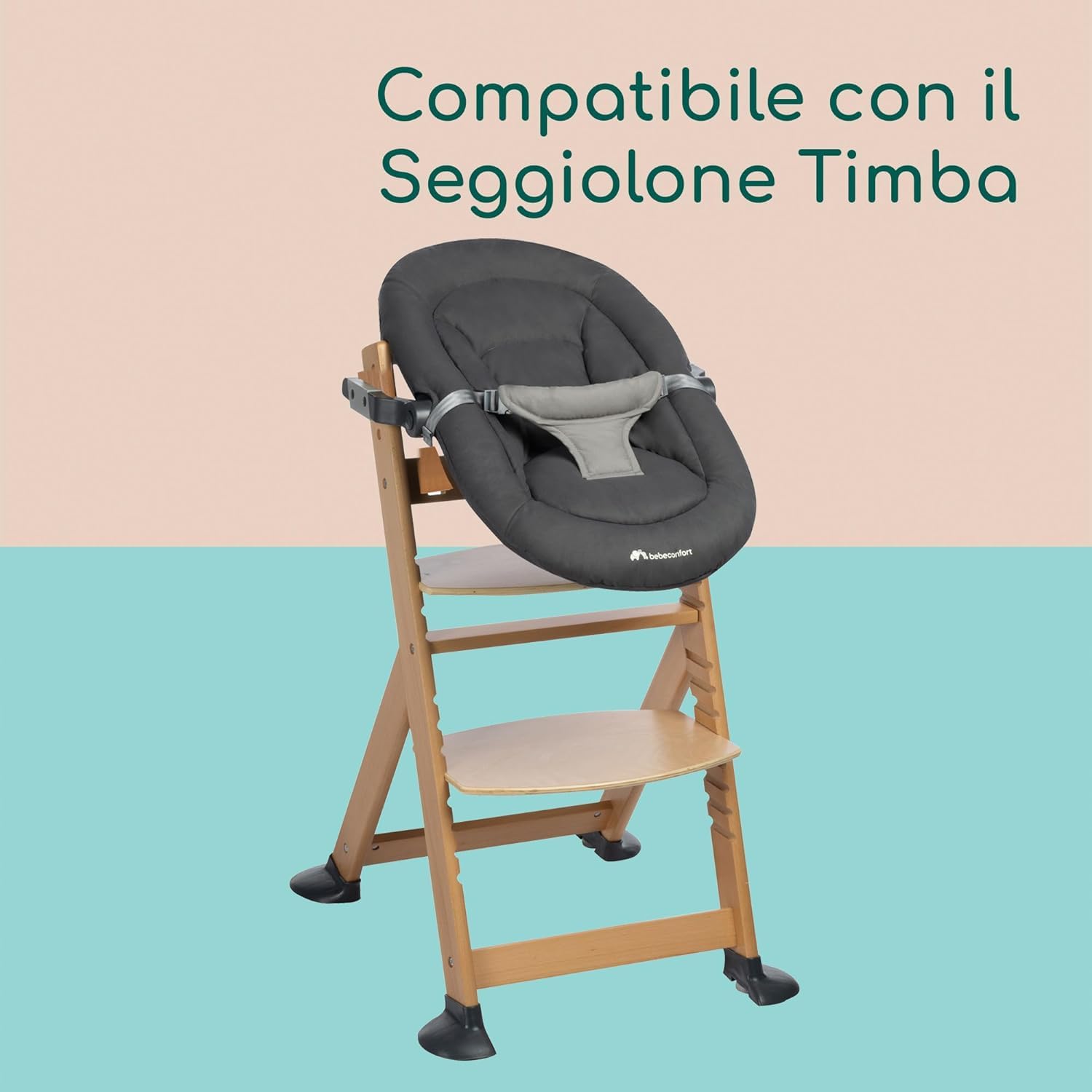 Bebeconfort Timba Baby 2 in 1, Sdraietta Neonati 0-6 mesi, 0-9kg, Compatibile con Seggiolone Timba, Sdraietta Reclinabile in 2 Posizioni, Seduta Imbottita, Cintura a 3 Punti, Tinted Graphite