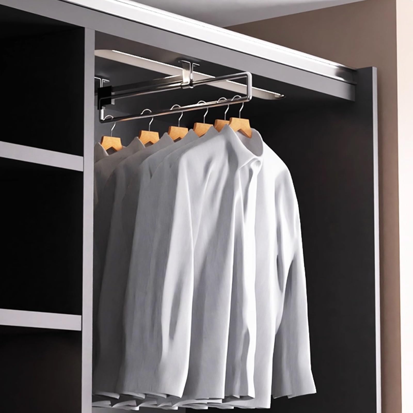 Appendiabiti estensibile a triangolo sospeon scorrevole ad alta capacità per accesso in camere da letto, corridoi e lavanderie. Salvaspazio nizer
