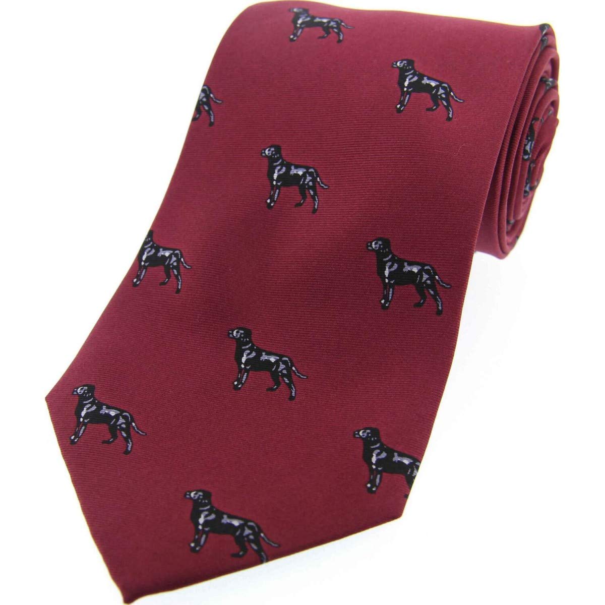 Soprano Unisex Red Wine Colour Silk Country Tie Adorned With Black Labradors
