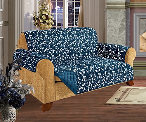 Elegance Linen Quilted Pet Dog Children Kids - Furniture Protector- Microfiber Slip Cover Navy Love Seat Leaf Design