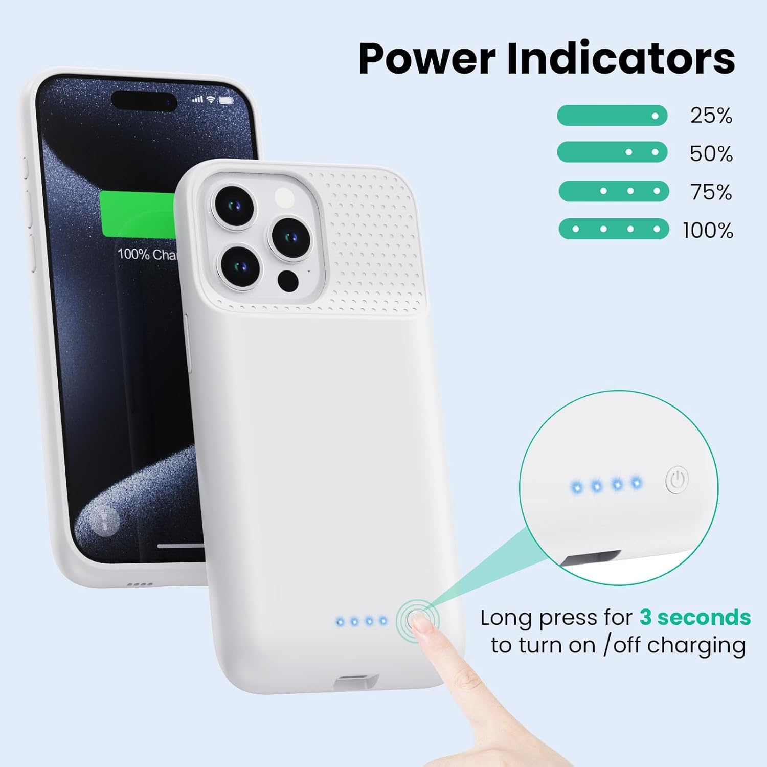 Battery Case for iPhone 15 Pro Max,Powerful 8600mah Ultra-Slim Protective Charging Case,15W Fast Charging Portable Rechargeable Expandable Battery Charger Cover for iPhone 15 Pro Max(6.7inch)-White