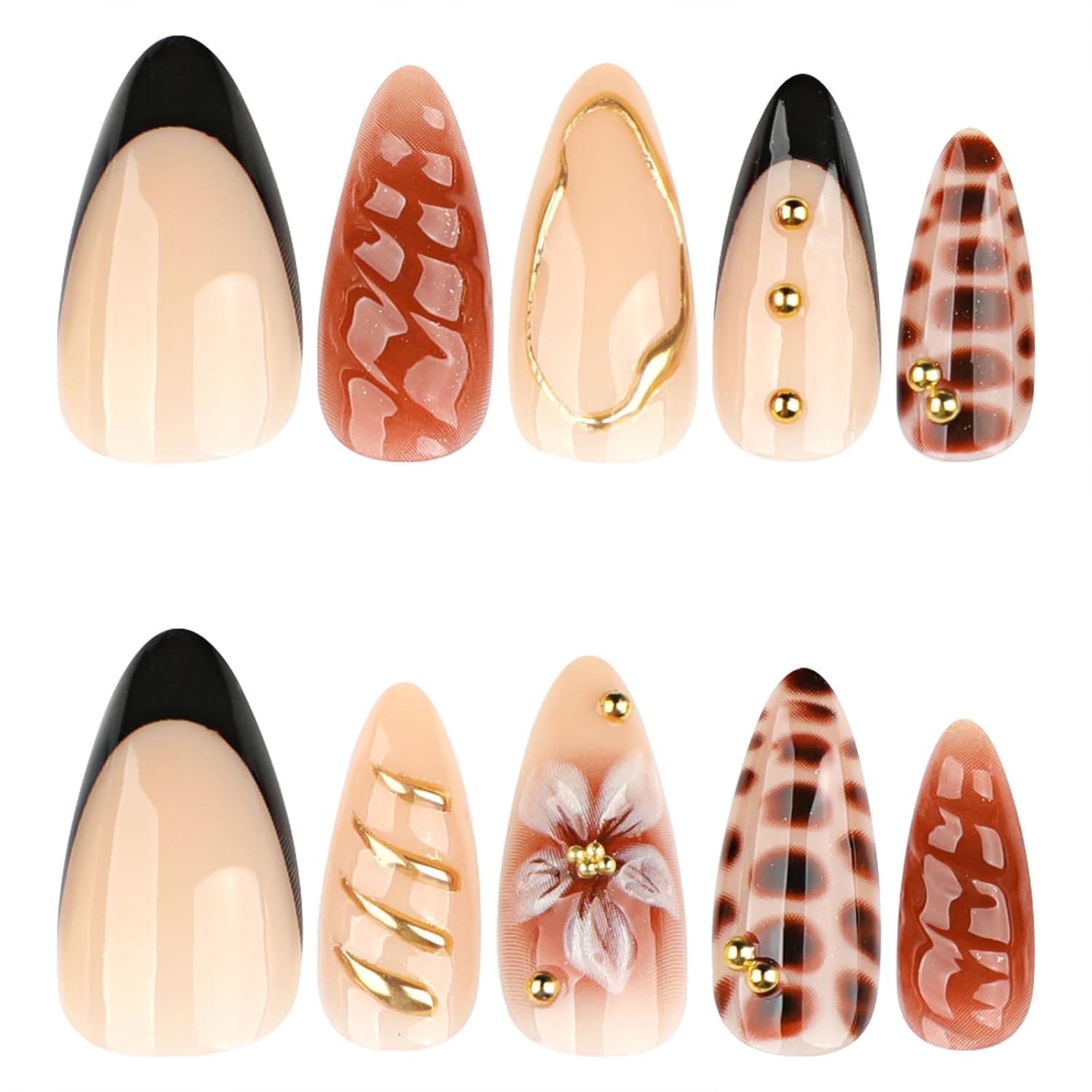 Flower Press On Nails Medium Square Gold Pearl Star Nude Pink_voghion.com