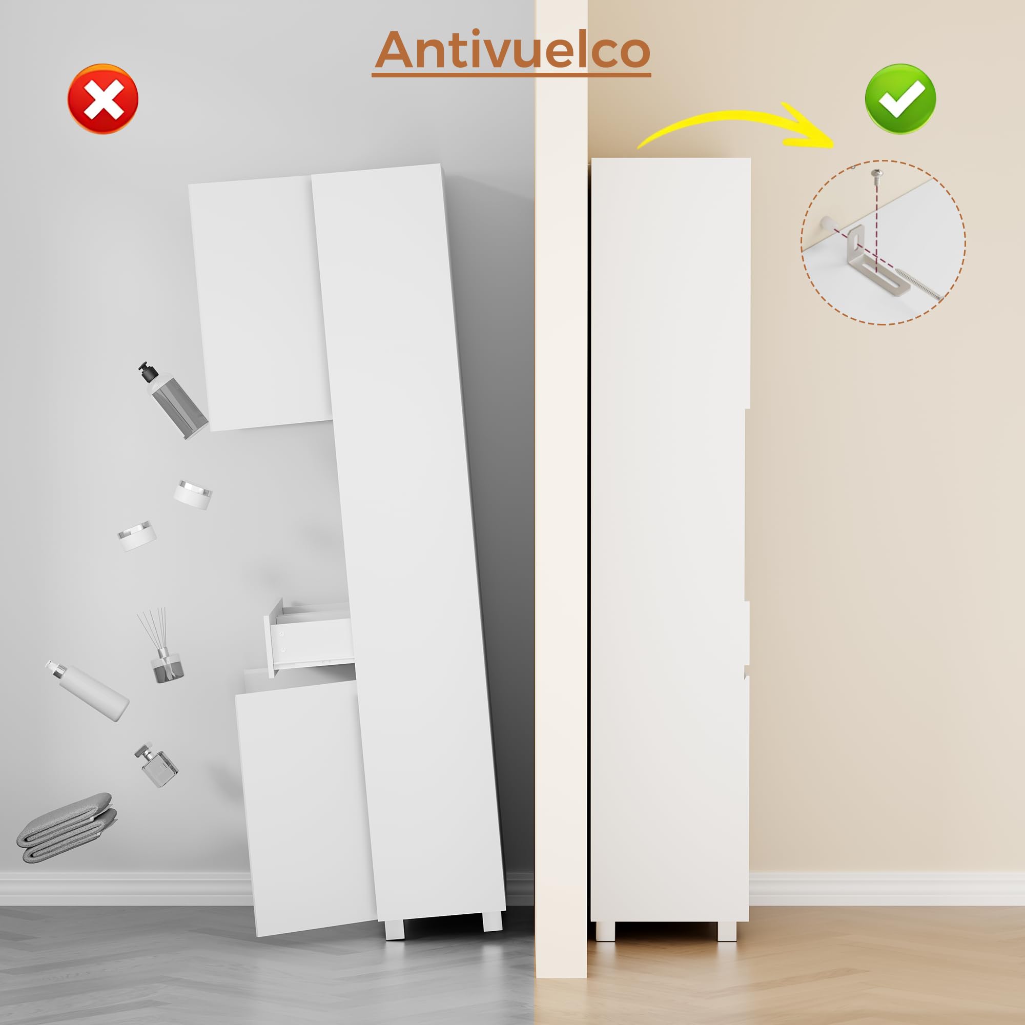 ANWBROAD Armario Alto de Baño,Mueble Columna de Baño con Estantes Ajustables,2 Cajón,Kit Antivuelco,Mueble Auxiliar de Almacenaje,para Cocina,Salón,30x60x180 cm,Blanco SBC012W