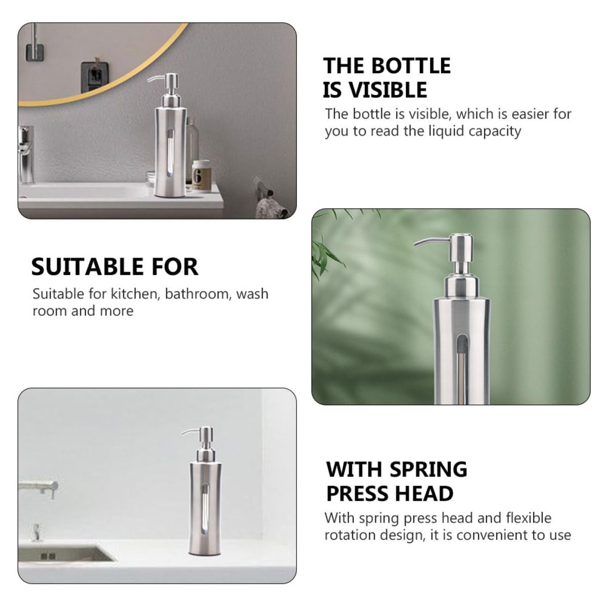 Dispenser di Sapone le Mani in Acciaio Inox 304 Ricaricabile, Bottiglia da Bagno Trasparente Erogatore Manuale a Pressione, per Cucina, Bagno e Lavanderia