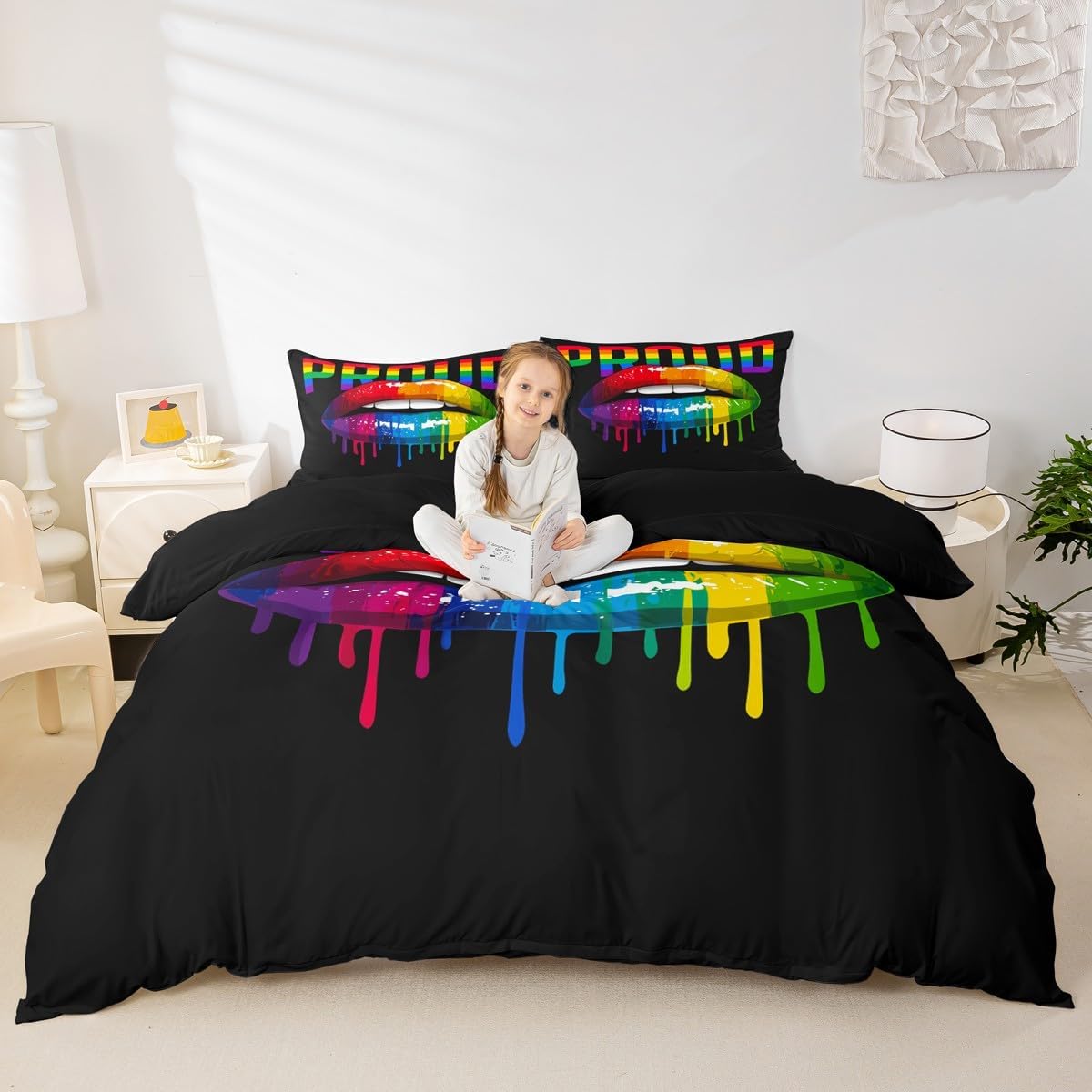 Castle Fairy Pride Theme Bedding Set,Rainbow Lips Comforter Cover Set for Teens Women Room Decor,Colorful Stripes Duvet Cover Breathable Watercolor Tie-dye Bedspread Cover Full Size(No Comforter)