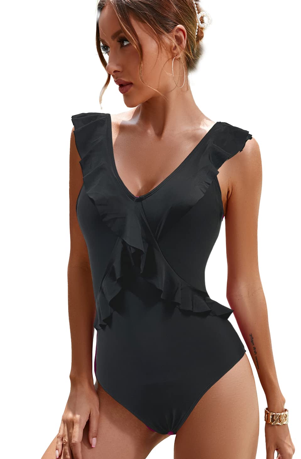 JFAN Trajes de Baño de Una Pieza para Mujer Monokini Ropa de Baño Cuello en V Floral Volantes Traje de Una Pieza Bikini Bañadore Set