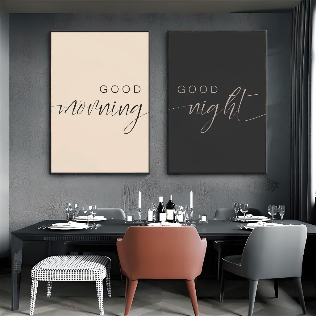 GLWDME Wandgemälde-Set im minimalistischen Stil „Good Morning, Good Night“, beige und schwarze Leinwanddrucke und Poster, Wandbilder für Wohnzimmer und Schlafzimmer（Gerahmt）