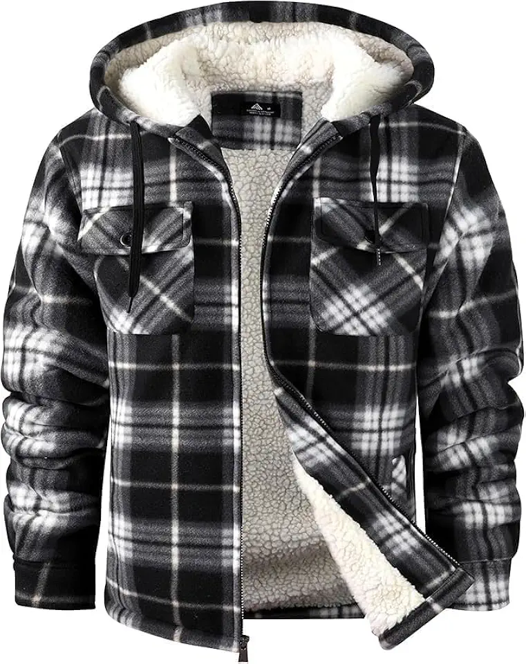 SCODI Men's Flannel Shirt Jacket Fleece Sherpa Lined Plaid Jackets Coat Full Zip Up Hoodie Winter Outwear