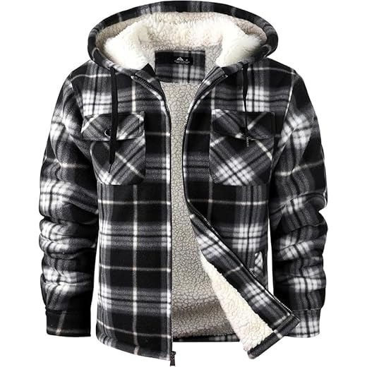 SCODI Men's Flannel Shirt Jacket Fleece Sherpa Lined Plaid Jackets Coat Full Zip Up Hoodie Winter Outwear Black White X-Large