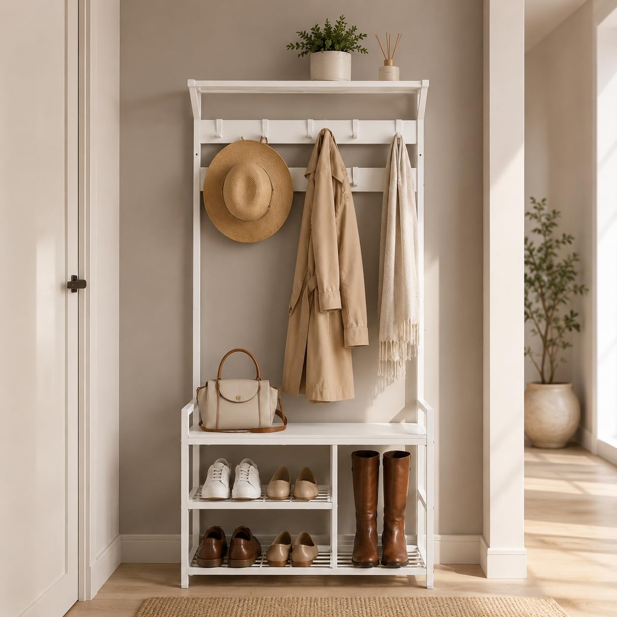 EGGREE Porte Manteau Entrée avec Rangement Chaussures, Meuble d’Entrée Blanc avec 10 Crochets Amovibles, Étagères et Kit Anti-Basculement, Portemanteau pour Couloir Chambre Dressing, 84 x 30 x 182 cm