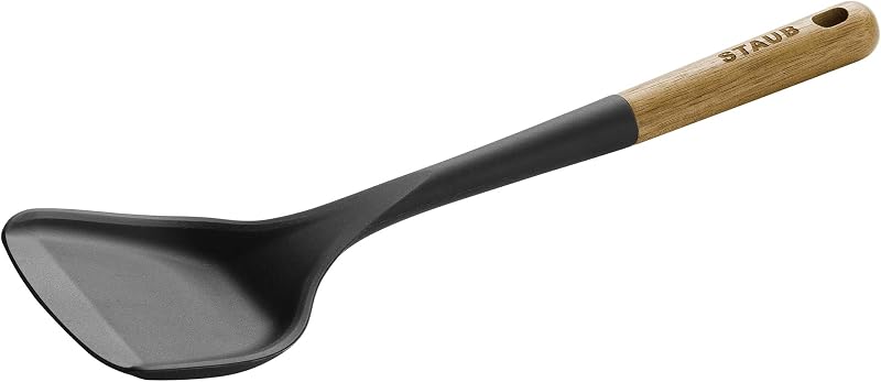 Staub Wok Spatula, Wok Utensil, Non-Stick Silicone, Black | Silicone Cooking Utensil, Durable Acacia Wood Handle. Safe for All Cookware Surfaces. Comfortable Grip, Easy to Clean.