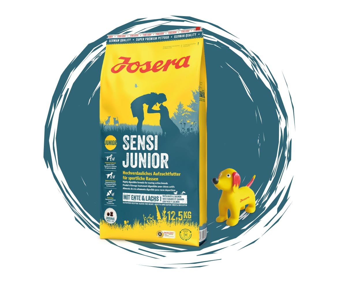 Josera - Hundefutter - Josera Exclusive SensiJunior - Trockenfutter 12,5 KG - Hochverdauliches Aufzuchtfutter für Hunde + Goodie Quietsche Seppl