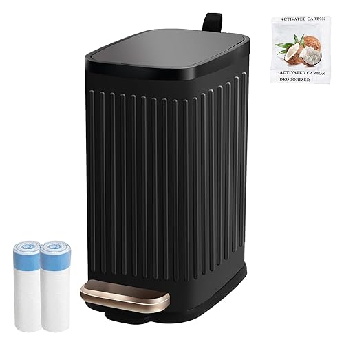 Small Bathroom Trash Can with Lid Soft Close Odor Filter&Step Pedal, 5.5L1.5 Gal Stainless Steel Outdoor Dog Poop Garbage Can Inner Bucket,Slim