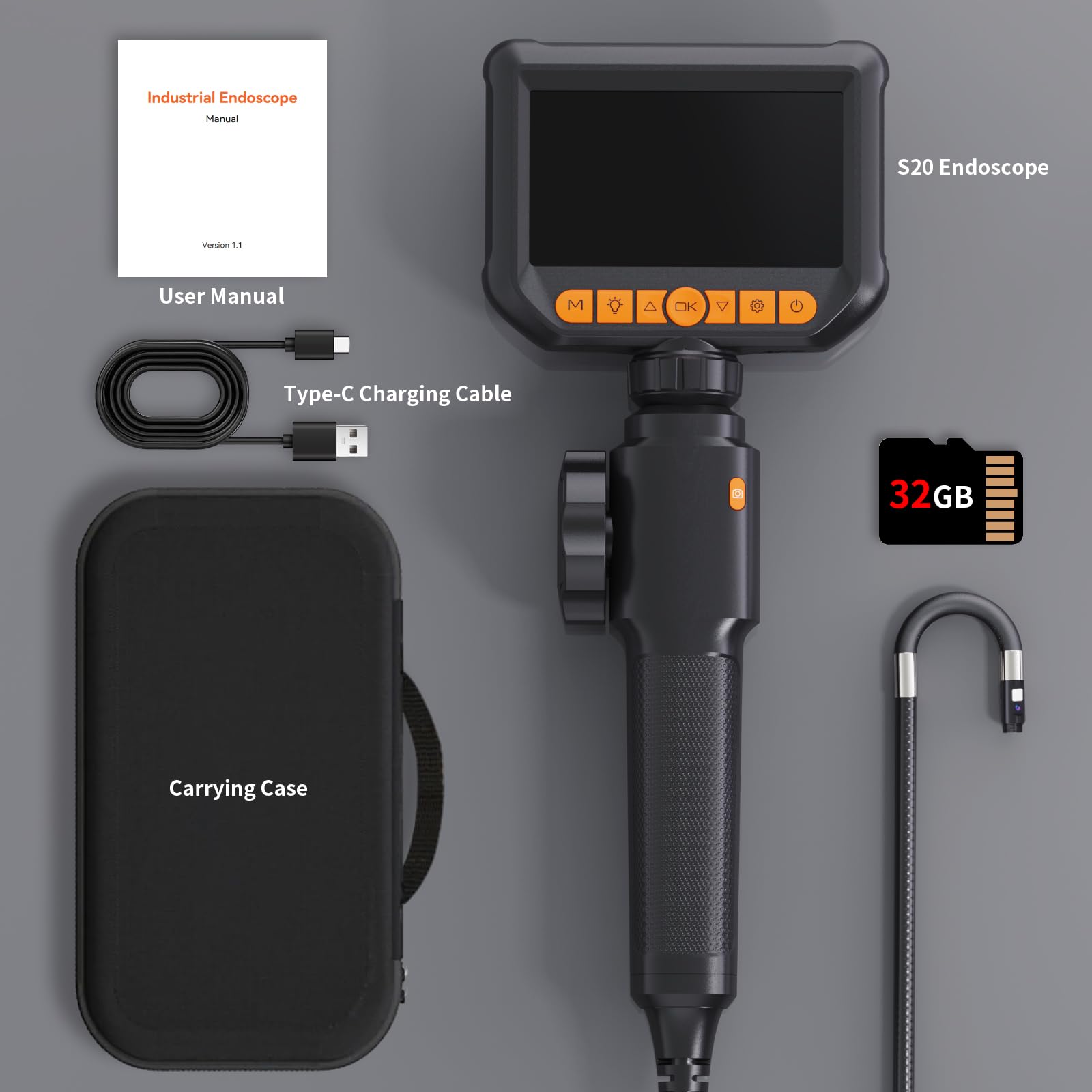 Dual Lens Endoskopkamera mit Licth, 360° HD Drehbar Inspektionskamera 4,3 Zoll IP67 Wasserdichtes Rohrkamera Kanal Endoskop Kamera mit 8+1 LEDs, 32G Karte und Tragetasche-1.5M