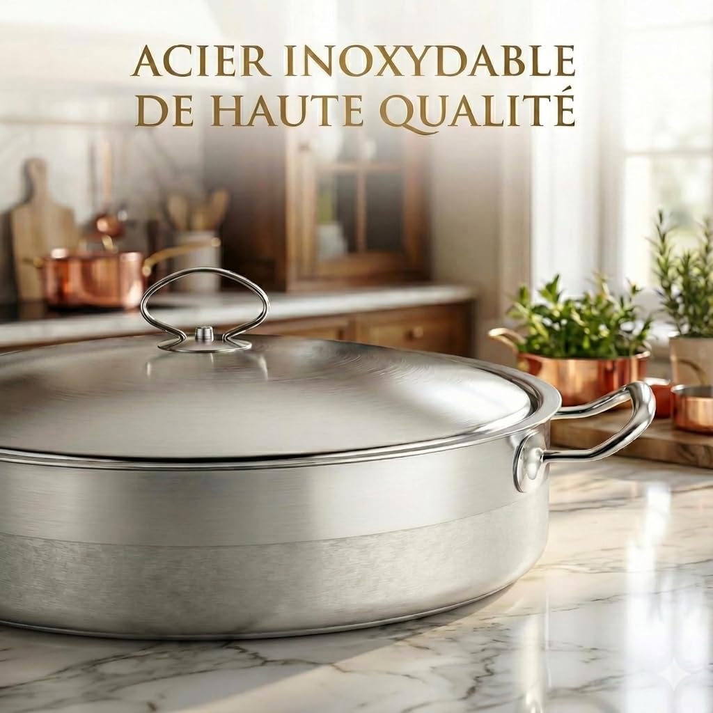 Format XXL - Marmite Basse en Acier Inox 25L - Faitout Professionnel Ø 45 cm avec Couvercle et Graduations Internes(Pour 20-30 Personnes) - Poignées Rivetées - Compatible Tous Feux dont Induction