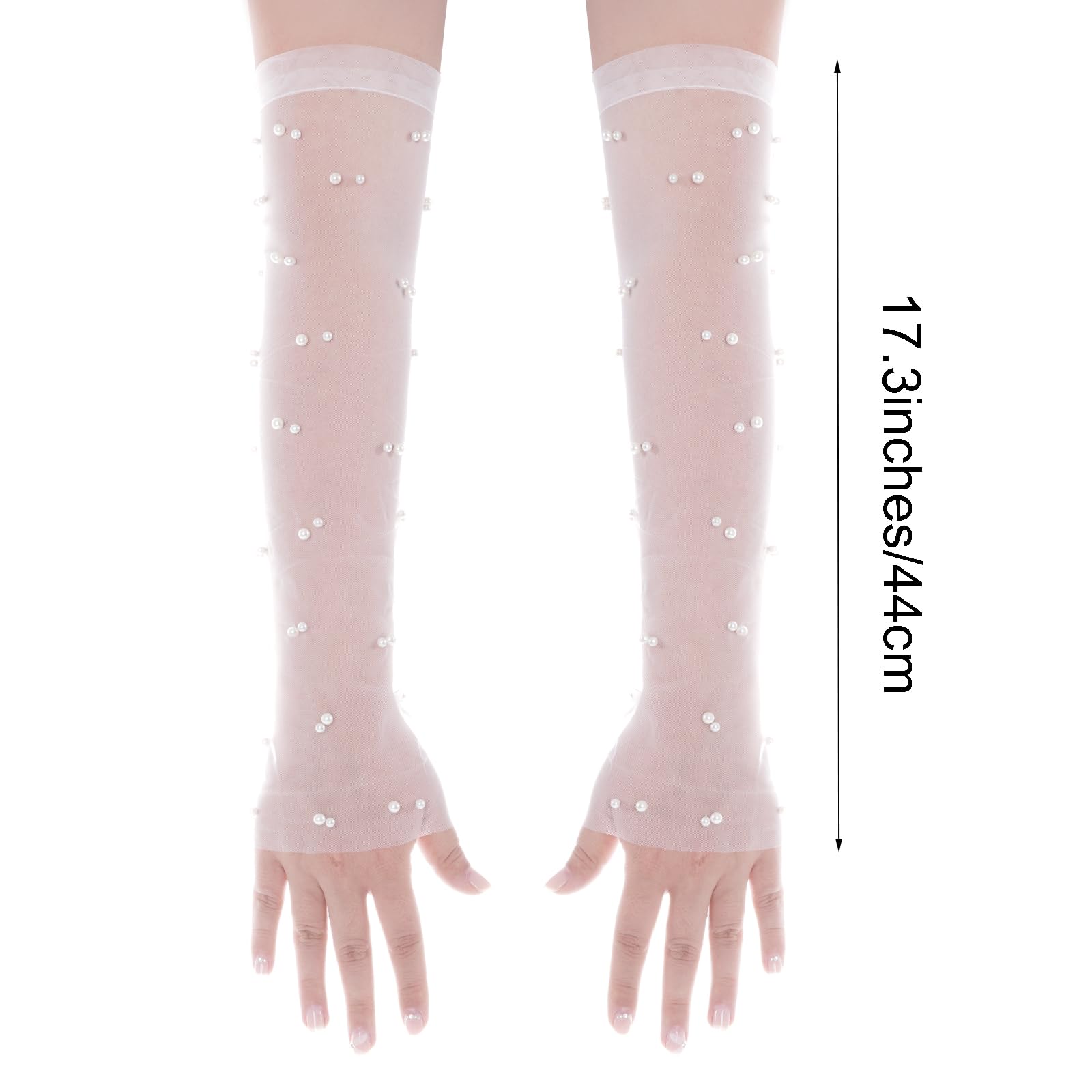 Nydotd Long Lace Gloves Wedding Tulle Gloves with Pearl Bridal Arm Sleeves Fingerless Opera Gloves for Women Halloween Costume (White, Medium)