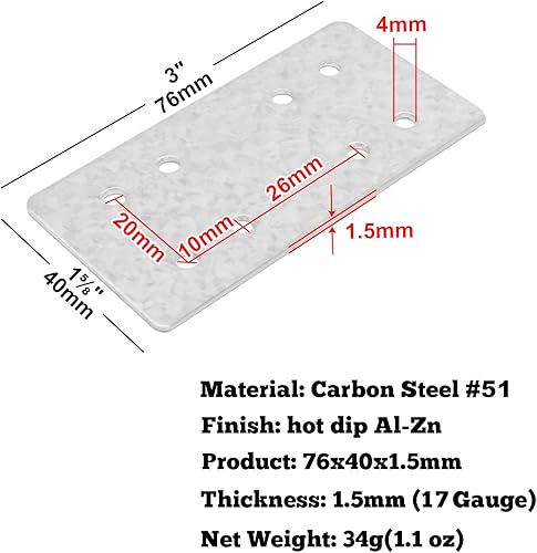 Miniatura 2 de 20 soportes rectos de 3 pulgadas, grosor de 0.06 pulgadas, soporte de fijación de reparación de acero recto, soportes planos de unión de conector